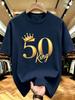 Unisex O Neck Tee 50 Birthday King Crown Print Cotton Short Sleeve Loose Summer Street Breathable Daily Casual Basic Wear Top