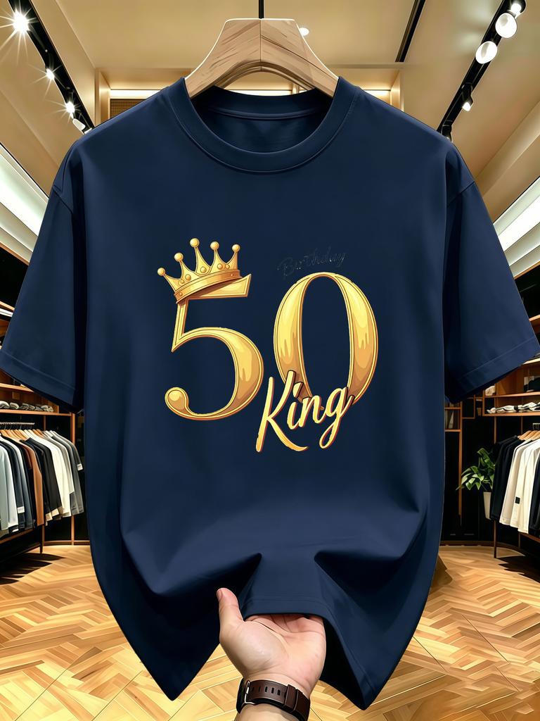 Unisex O Neck Tee 50 Birthday King Crown Print Cotton Short Sleeve Loose Summer Street Breathable Daily Casual Basic Wear Top