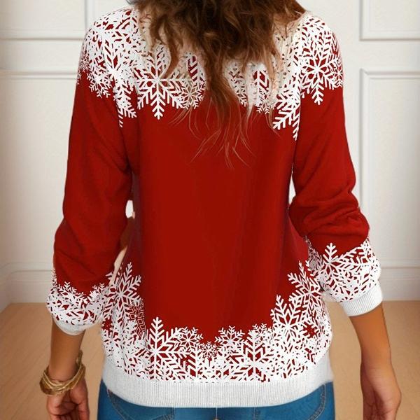 GMXIA Women's Fashion Casual Christmas Print Autumn and Winter Shoulder Print Loose Long Sleeve Round Neck T-shirts and Tops