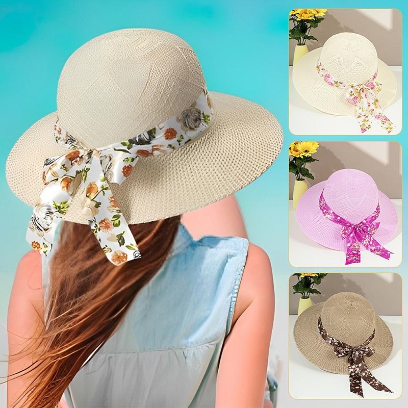 Beige Wide Brim Straw Sun Hat Foldable Polka Dot Bow Ribbon UV Protection for Summer Pool Party Travel Use