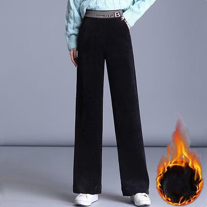 Fleecing Thick Warm Stripes High Waist Corduroy Straight Wide Leg Long Pant Women Winter Casual Trouser