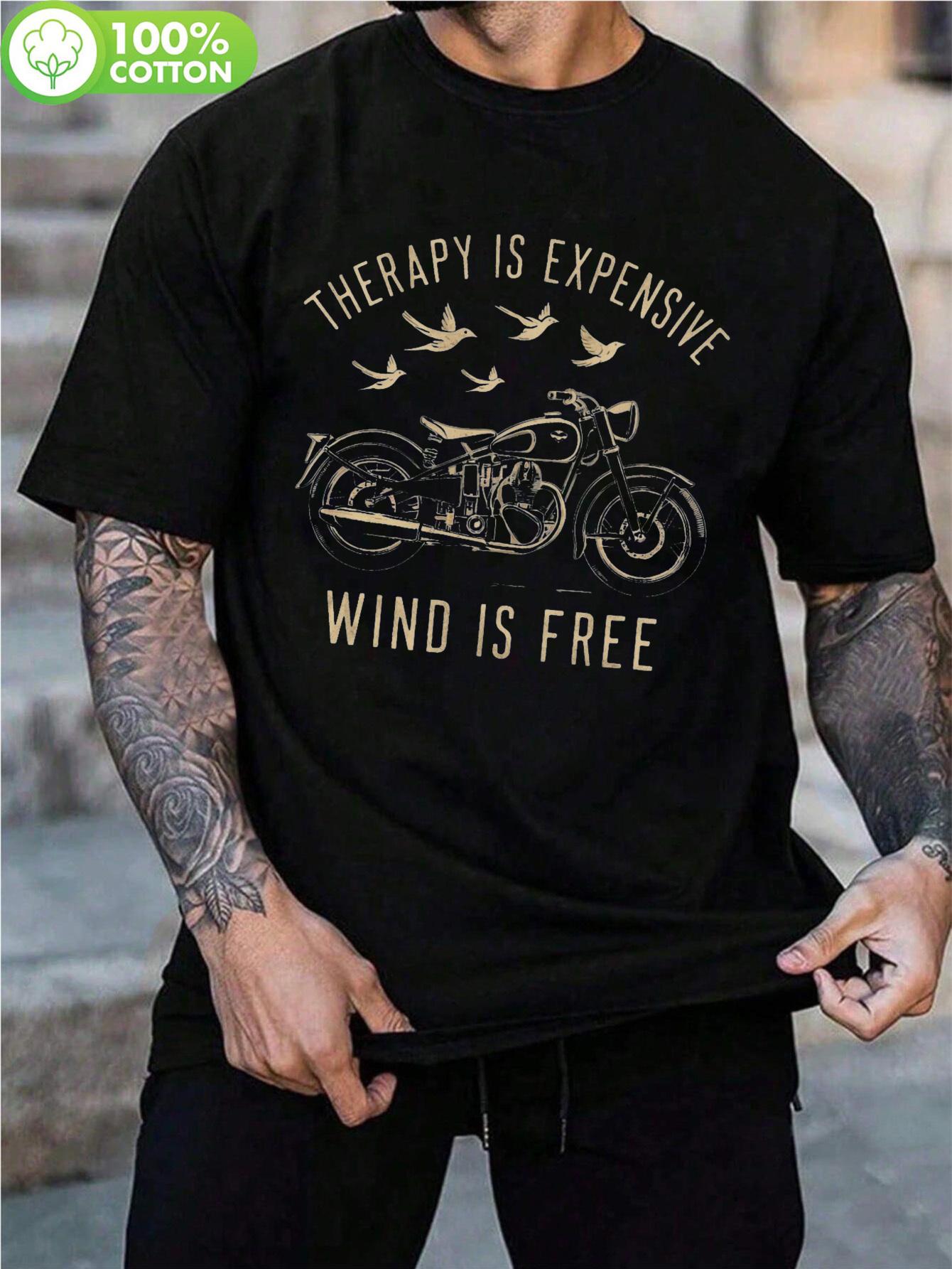 Allseason Apparel WoCasual Round Neck T-shirt - Bold Motorcycle Graphic with Birds & Wind is Free Inspirational Quote XXXL