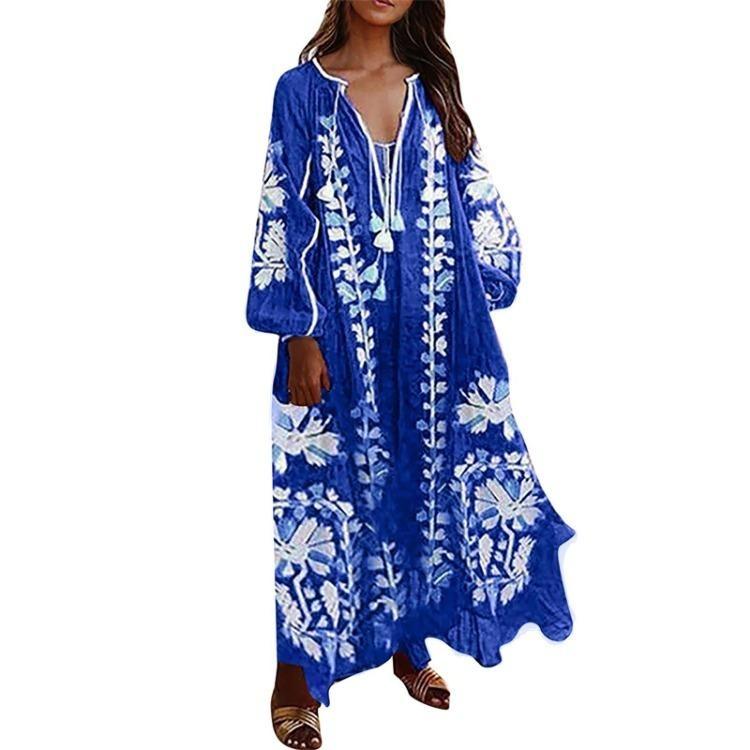 Fashion Casual Bohemian Long Sleeve V Neck Dress Women Long Dresses