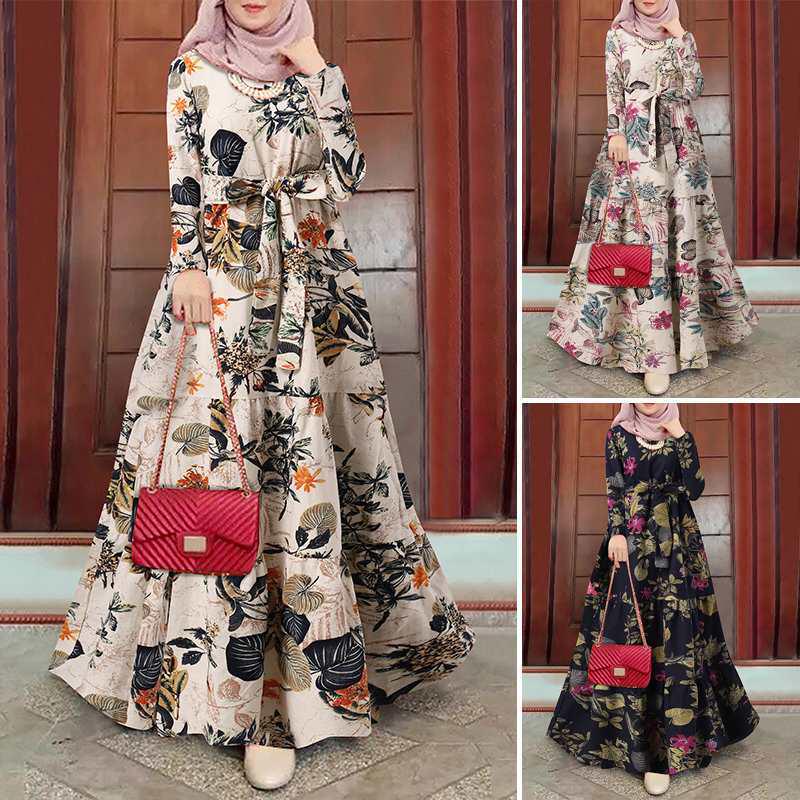 Muslim Street Fashion Long Sleeve O-Neck Printed Dress