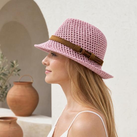 Summer Sun Protection Jazz Hat, Hand-Knitted Breathable Mesh Hat, Hand-made Hollow Braided Hat with Belt Decor