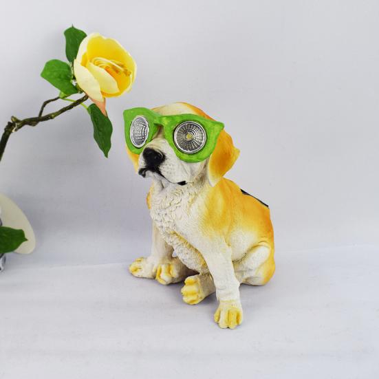 Solar Dog Statue with Glasses Resin Puppy Solar Lamp Garden Decor Solar Powered Dog Light for Home Yard Patio Lawn Pathway