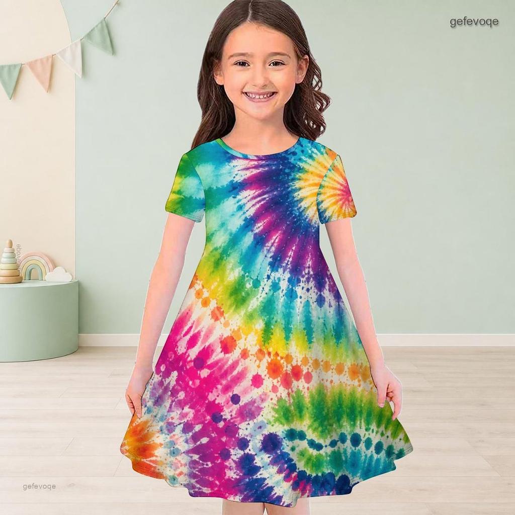 Girls Black Round Neck Short Sleeve Galaxy Space Printed A Line Flared Dress