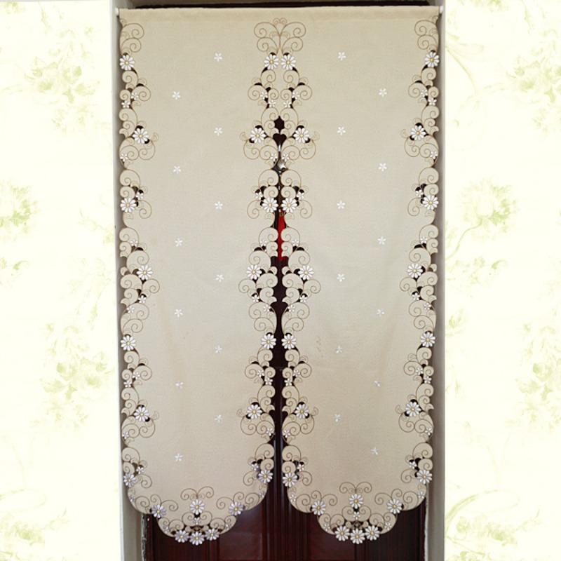 Rideau Court Kaki Clair Tissu Brodé Rideau de Porte Marguerite Rideau Élégant pour Chambre Salon Salle de Bain Cuisine, Sans Tringle, 1 pièce