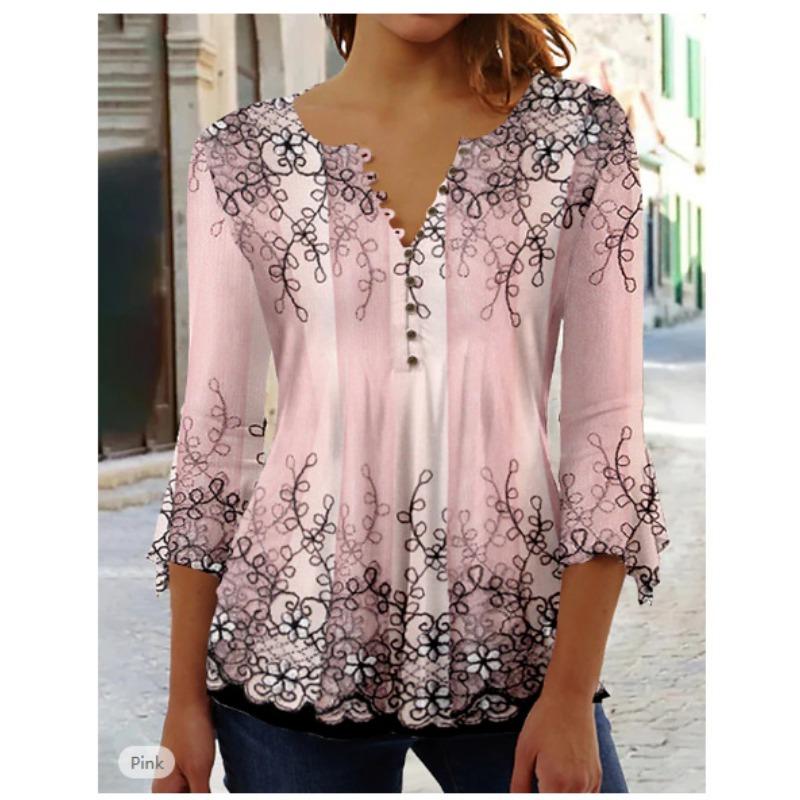 VEZFAA Women's Fashion Casual Spring Fall Flower Pattern Print Long Sleeve V-Neck Blouses & Shirts