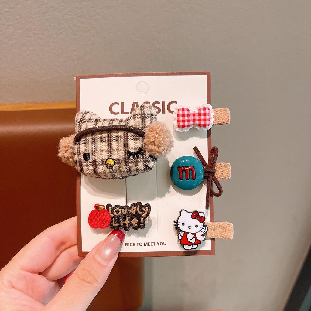 Cute Cartoon Plaid Kt Cat Children'S Hairpin Autumn And Winter Milk Coffee Girl Forehead Bangs Clip Baby Hairpin Clip