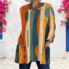 Women Plus Size Blue Pink Geometric Printed Round Neck Long Sleeve Loose Longline T Shirt With Pockets