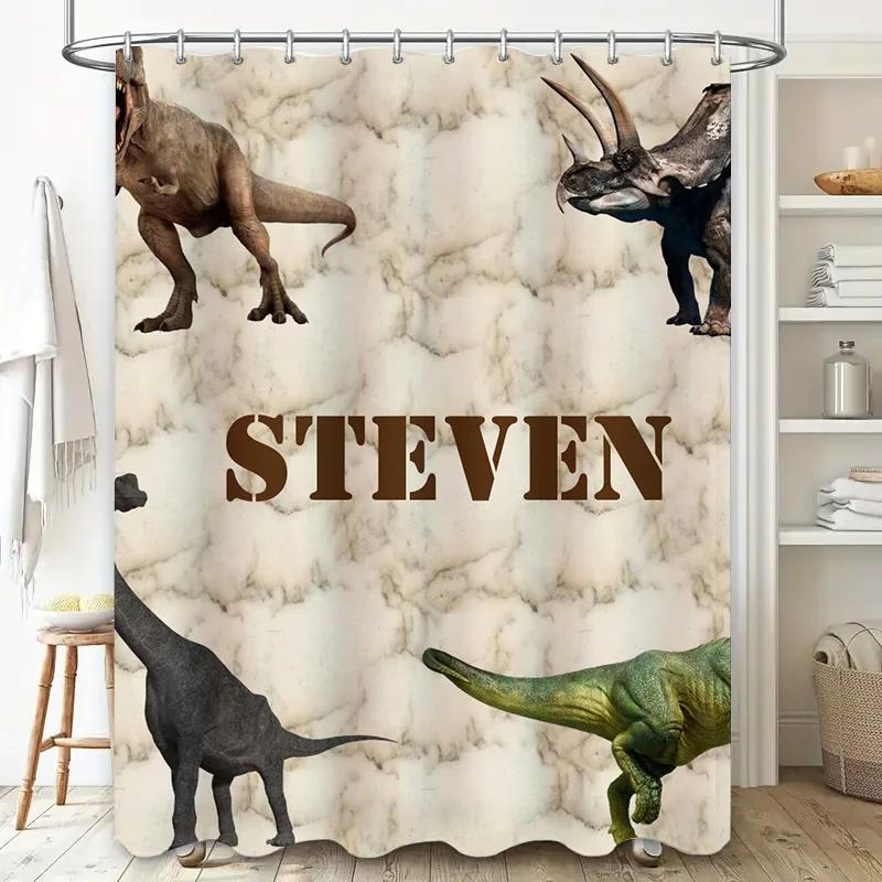 Personalized Dinosaurs Shower Curtain Custom Name Bathroom Decor Jurassic World Inspired Animal Print for Kids Bath Mat Set Si