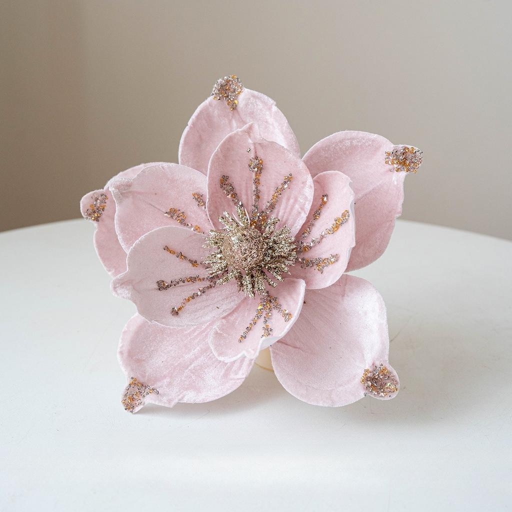 1pc Artificial Poinsettia Christmas Magnolia Flowers with Stems  Glittery Faux Flowers for Xmas, Wedding & Holiday Decor