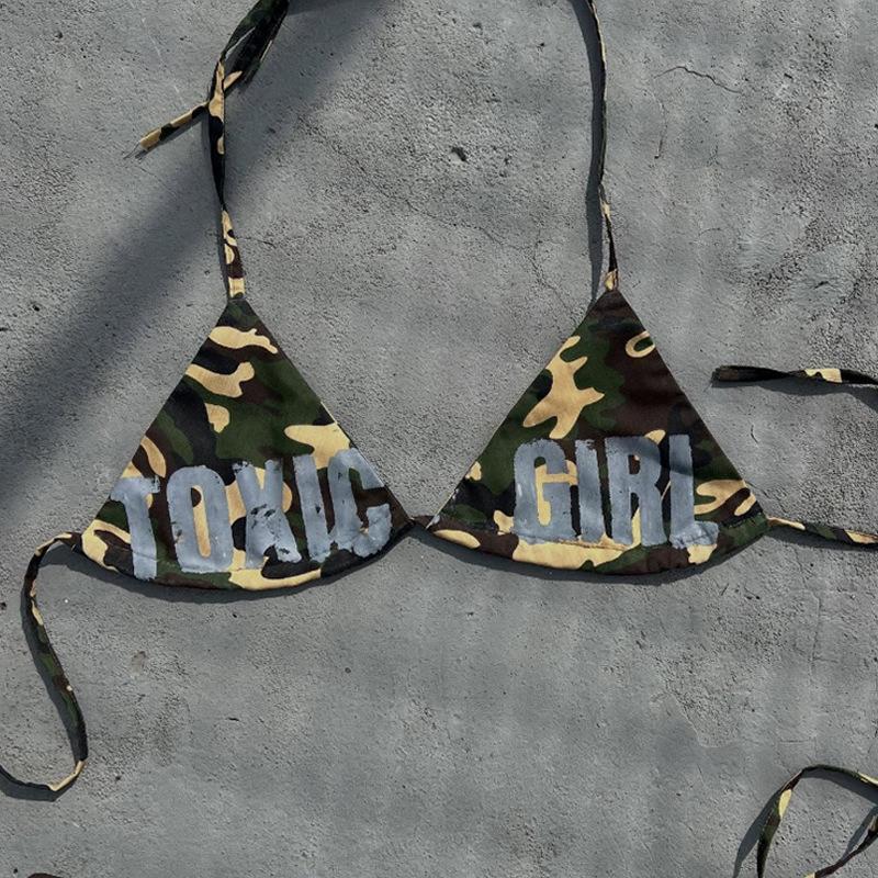 Cross Border Europe and America 2026 Summer New Camouflage Spicy Girl Hanging Neck Letter Printed Iron Circle Fashion Bikini Set
