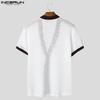 INCERUN Men Summer V Neck Short Sleeve Stitching Hollow Out Patchwork Casual T-shirts Tee