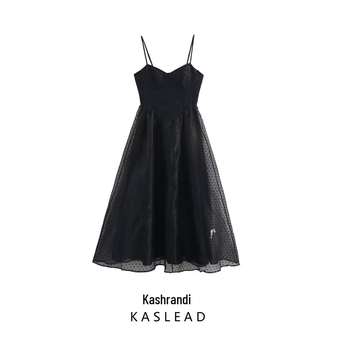 

Spring 2025 Women s European & American-Style Polka Dot Spaghetti Strap Long Dress XS чорний