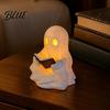 Whimsical Desk Accessory Cute Ghost Reading Book Lamp Lighted Figurine with Warm LED Ornament Light Halloween Night Light for Mantel Shelf