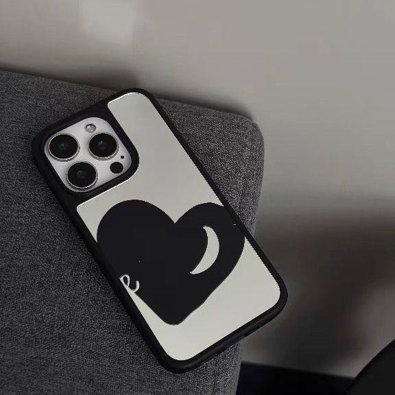 

Ins Style Black Love Heart iPhone 15 Case with Mirror and Black Frame for 16 Pro Max iPhone 12