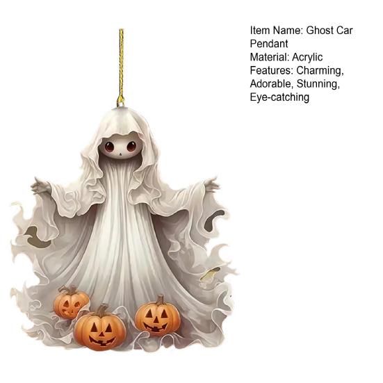 Halloweenský přívěsek na auto Duch 2D Plochý Duch s Dýní Akrylový Přívěsek na Zpětné Zrcátko do Auta pro Závěsné Doplňky do Interiéru Auta