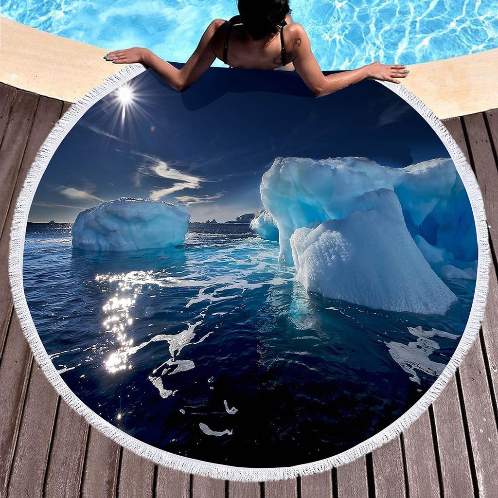 Antarctic Iceberg Round Beach Towel with Tassels, Absorbent Quick Dry Circle Pool Towel Roundie Yoga Meditation Mat Picnic Rug