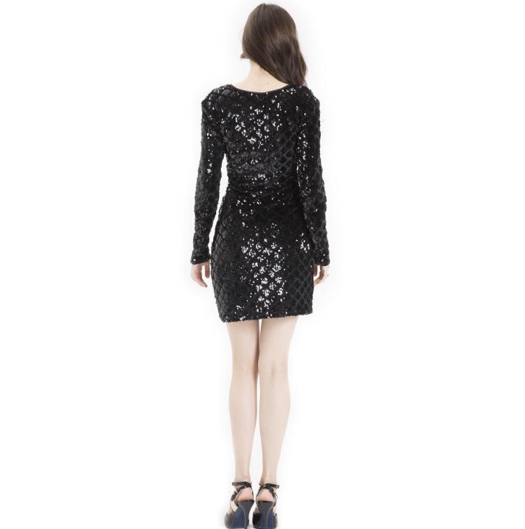 Women's Deep V Sexy Nightclub Geometric Sequin Dress Long Sleeve Dress Bead Piece Embroidered Dress