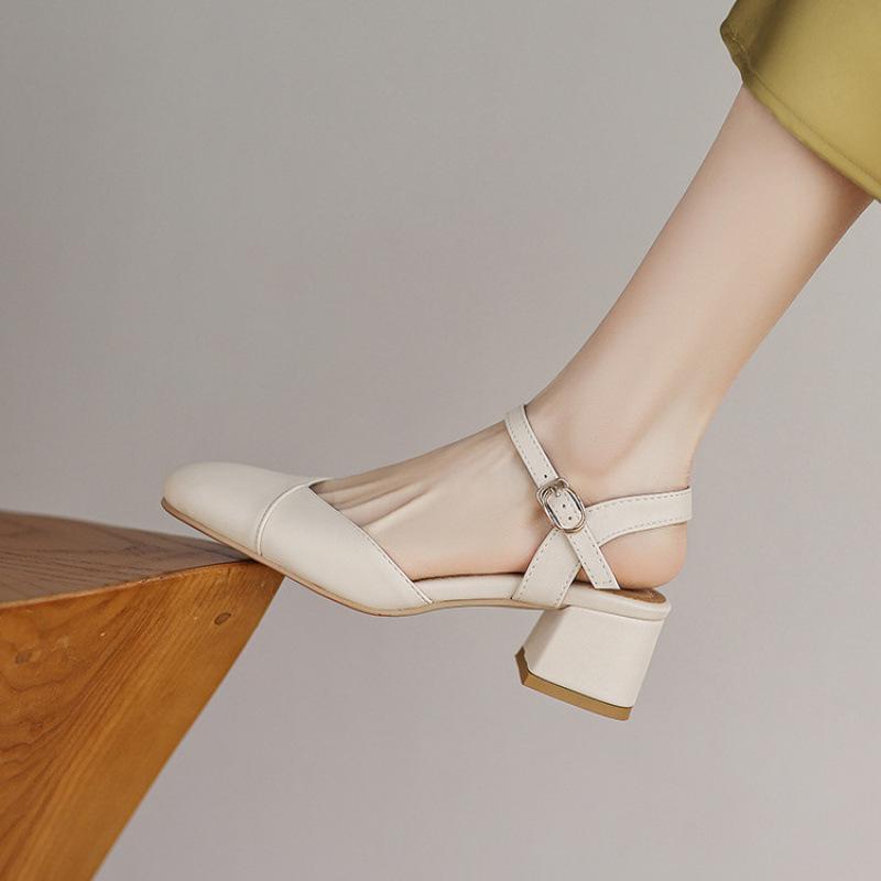 Summer women's bag head sandals casual women's high-heeled sandals solid color beef tendon soft sole new large size women's shoes square head