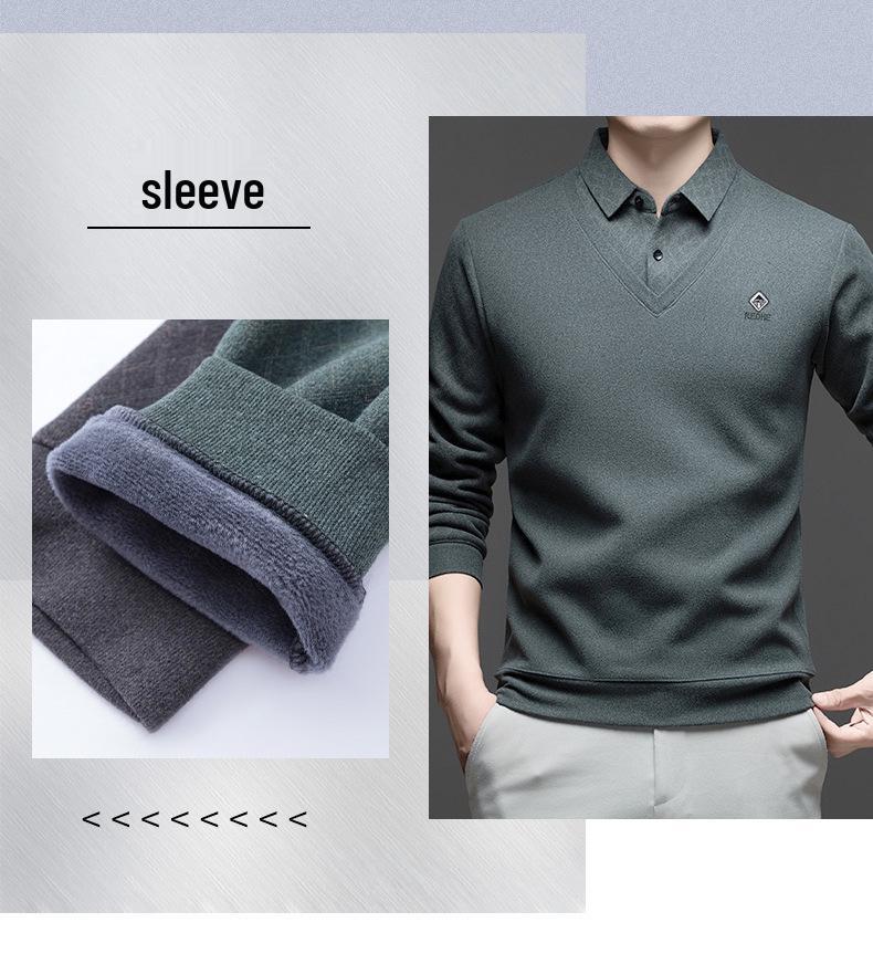 Men's Middle-Aged & Elderly Business Casual Faux Two-Piece Sweater - Warm, Velvet-Enhanced Knit Base Layer with Lapel