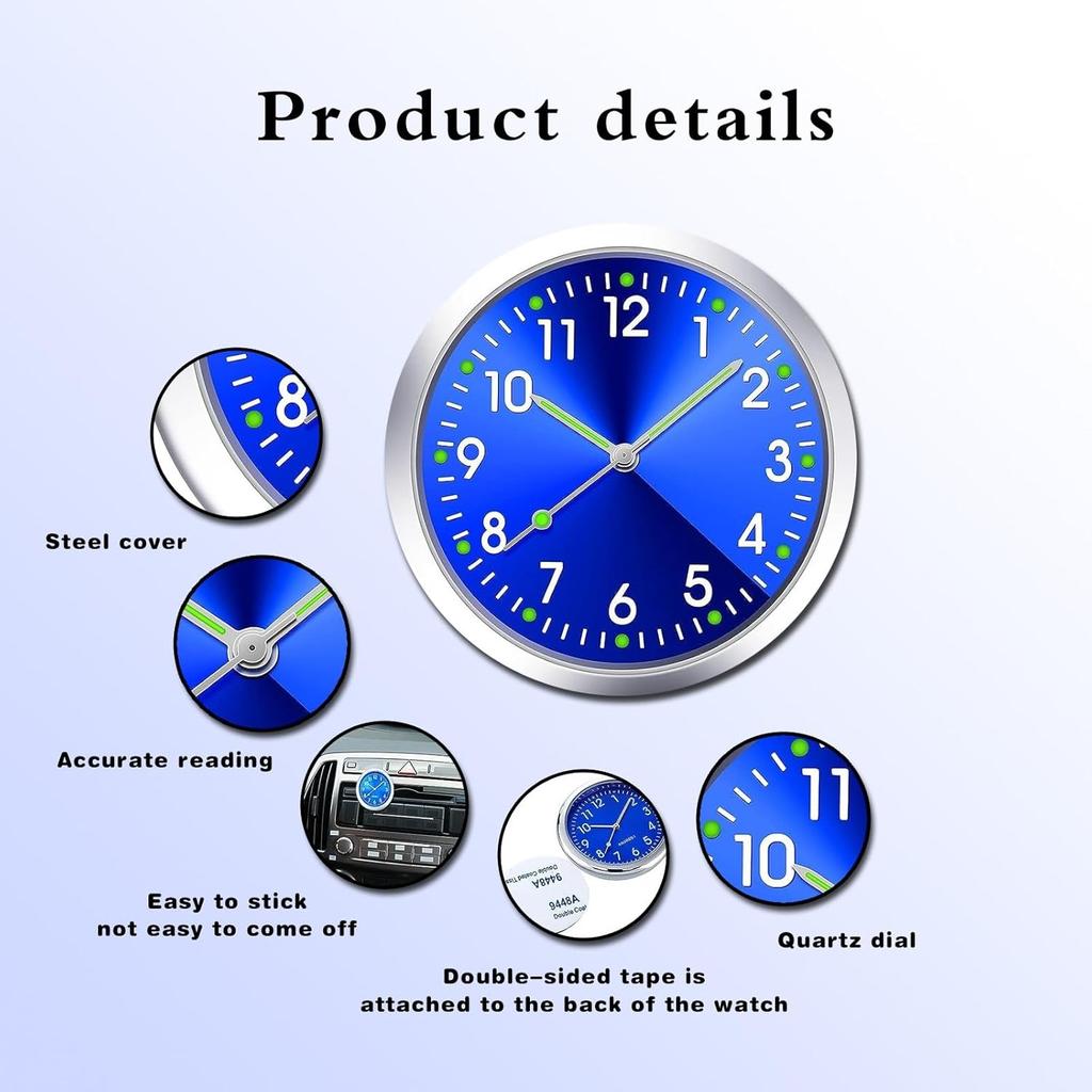 2 PCS Mini Car Clock for Dashboard, 1.5In Durable Metal Vehicle Luminous Clock with Adhesive, Universal Decorative Automotive Watch Accessories for