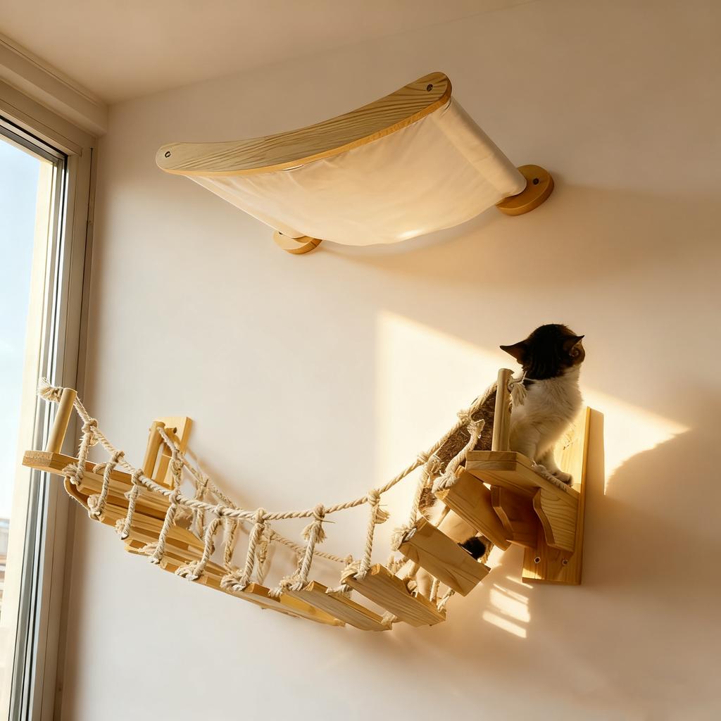 Cat Solid Wooden Suspension Bridge Wall Mounted Sisal Cat Climbing Ladder Treads For Cats to Move and Play