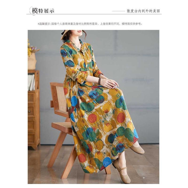 2025 New Retro Printed Loose Belly Shading Mulle Lace Long Sleeve Big Swing Long Dresses