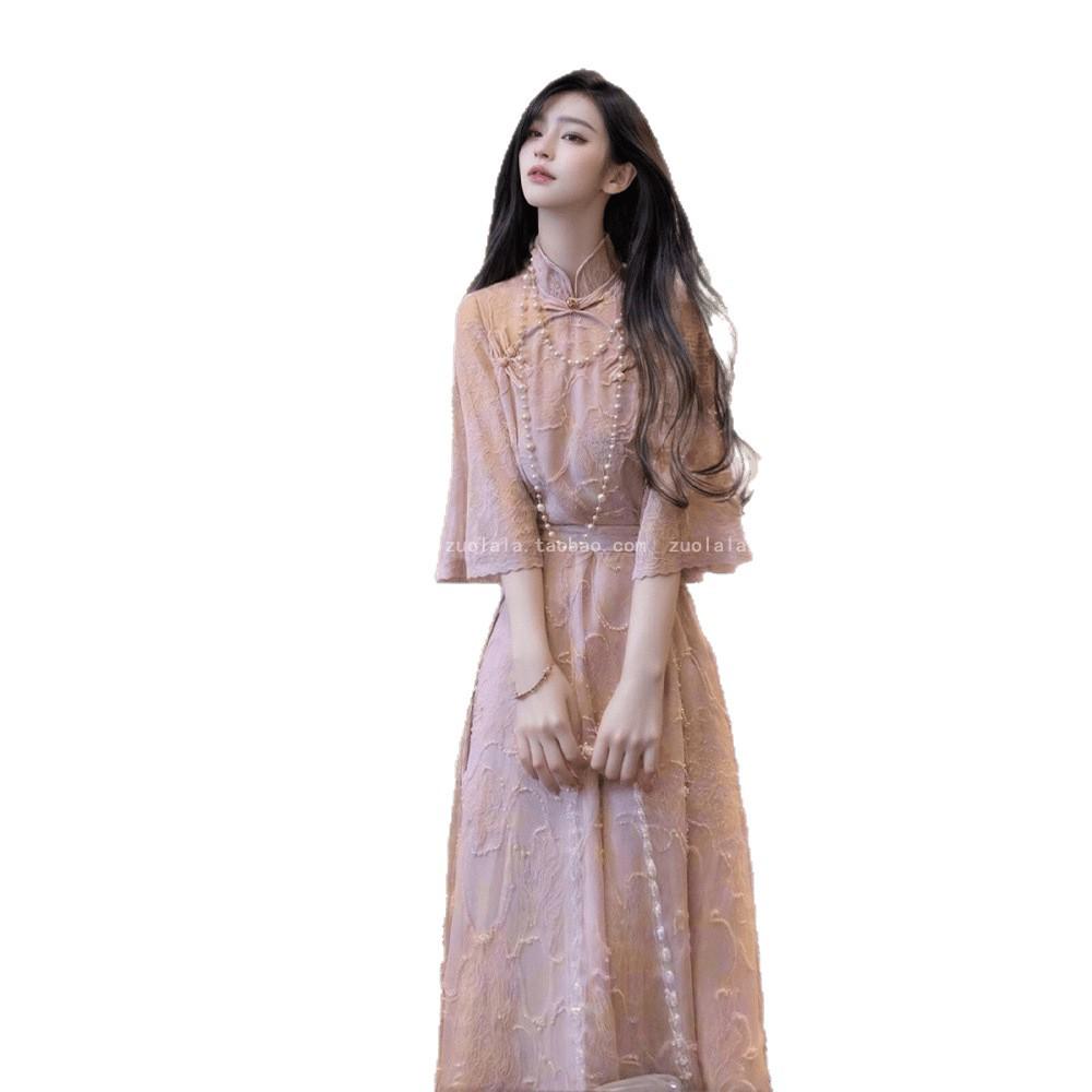2025 Modernes Cheongsam-Kleid im chinesischen Stil mit Jacquardmuster, Übergröße, Sommerausgabe - Damen-Langkleid mit Taillenraffung