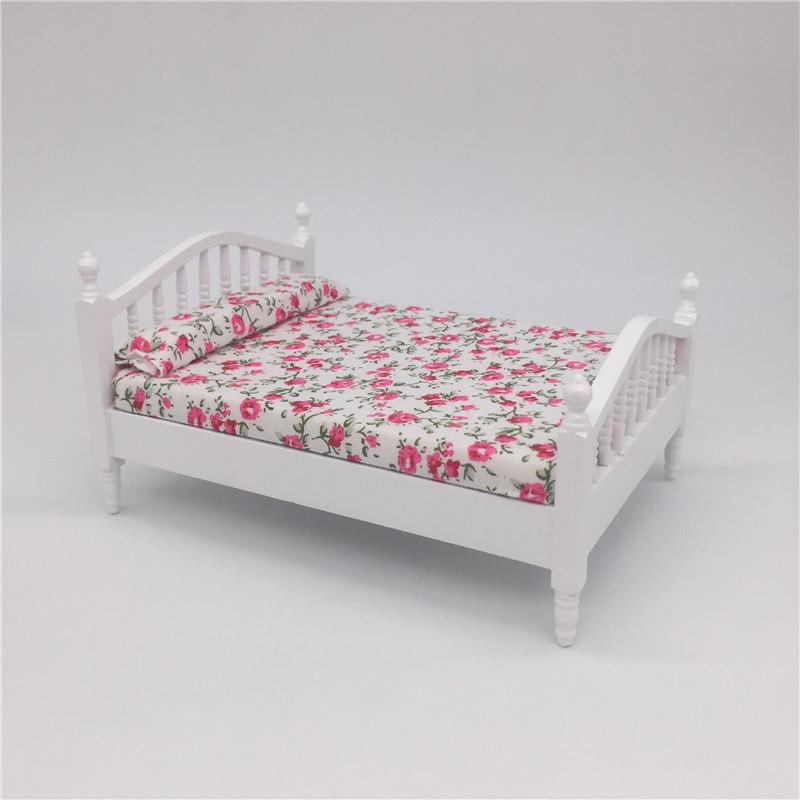 1:12 Mini Dollhouse Furniture Fresh Rose Bedroom Linen Double Bed Bedroom Mini Furniture
