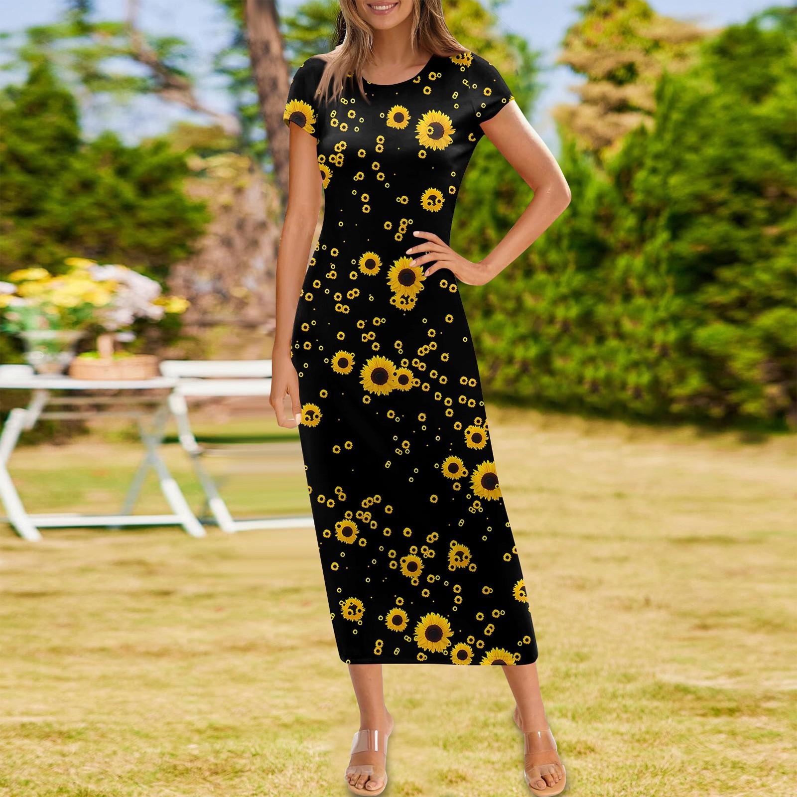 

Женское модное повседневное платье с круглым вырезом и коротким рукавом S жёлтый