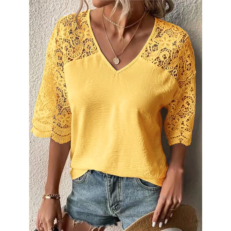 

YYFS женские модные повседневные летние весенние однотонные блузки и рубашки с короткими рукавами и v-образным вырезом с принтом XXXXXL жёлтый