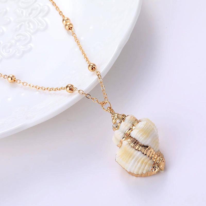 Gold-Edged Seashell Conch Pendant Necklace - Natural Beach Vintage Women's Jewelry