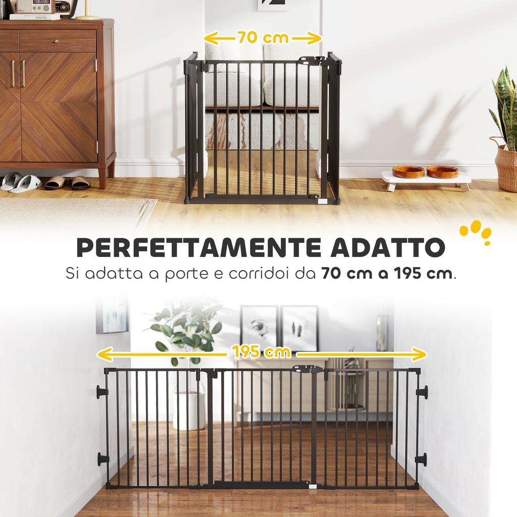 Folding Steel Dog Gate with Automatic Closure, 202.5x2x76cm, Black