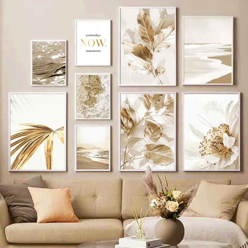 Nordisk moderne kunst Bilde Lerretsmaleri Veggkunst Golden Leaf Beach Scenery Plakat og trykk for hjemmeinnredning Stuedesign