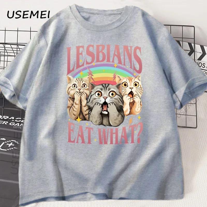 Retro LGBT Eat What Cat Lesbian Pride Tshirt Funny Equal Rights Graphic Cat Tees Unisex Short Sleeve Cotton Tshirt Clothing