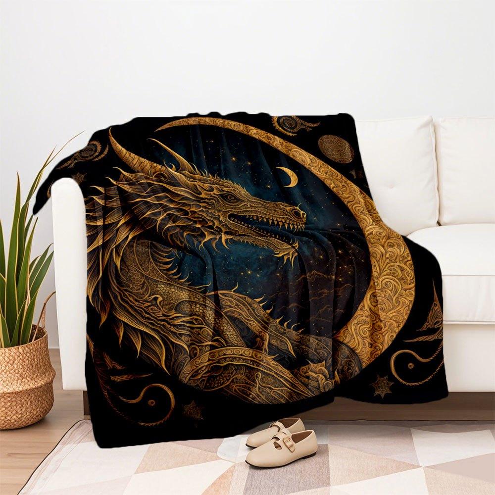 Golden Dragon Crescent Moon Wall Art PrintBlanket Flannel Throw Blanket for Sofa, Bed, Travel, Camping, Office, Couch, Chair, And Bed Gift f
