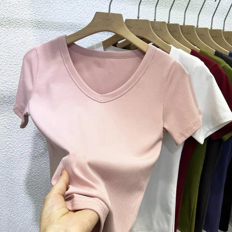 Solid Color V Neck Short Sleeve Slim Fit T-Shirt Basic Casual Top