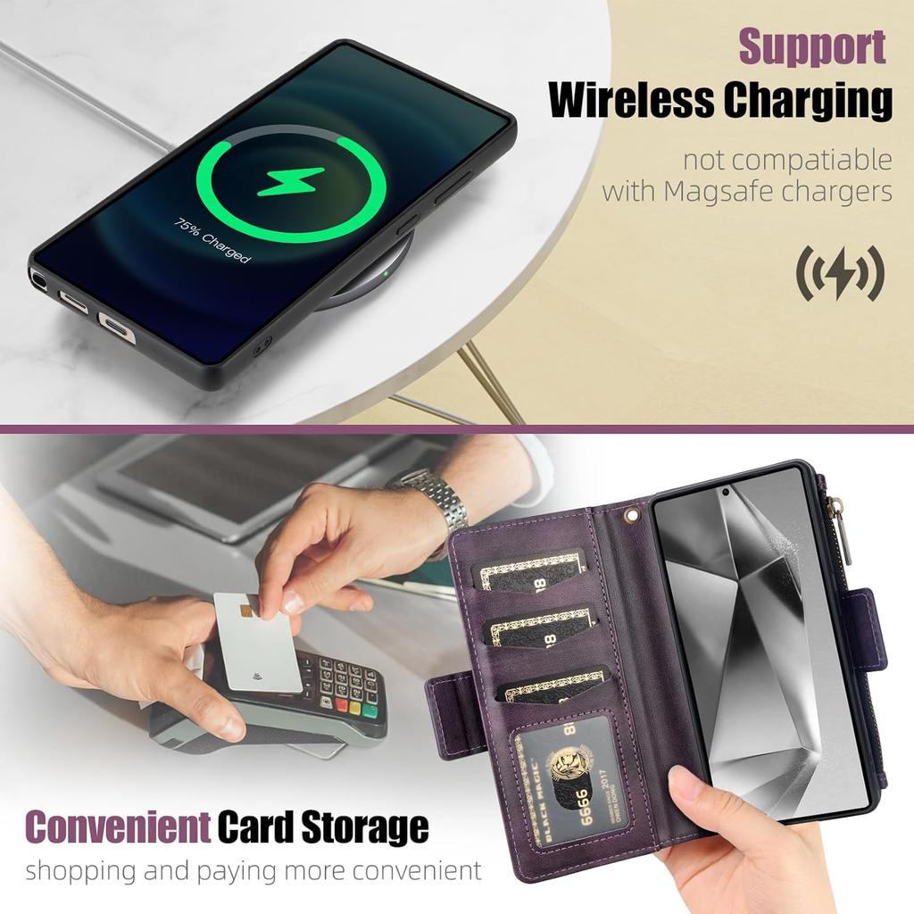 JGY Wallet Case for Samsung Galaxy S25 Ultra PU Leather Detachable Magnetic Wallet Case with Removable Minimalist Front Pocket 5 Card Holder Hand