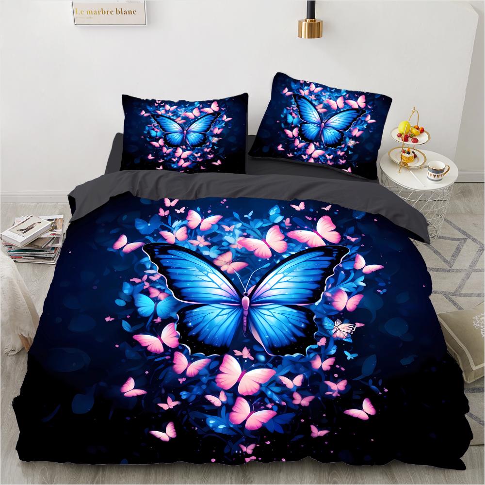 Padrão colorido retrô de borboleta com impressão 3D (conjunto de três peças) conjunto de cama de casal queen size fronha edredom