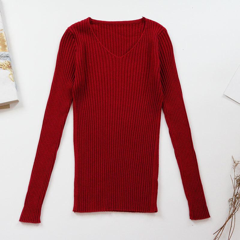 Women's Autumn Sweaters V-neck Slim Fit Pullover Long Sleeve Base Knitted Sweater Woman Winter Fashion Solid Bottoming Warm Knitwear Jumpers 24967