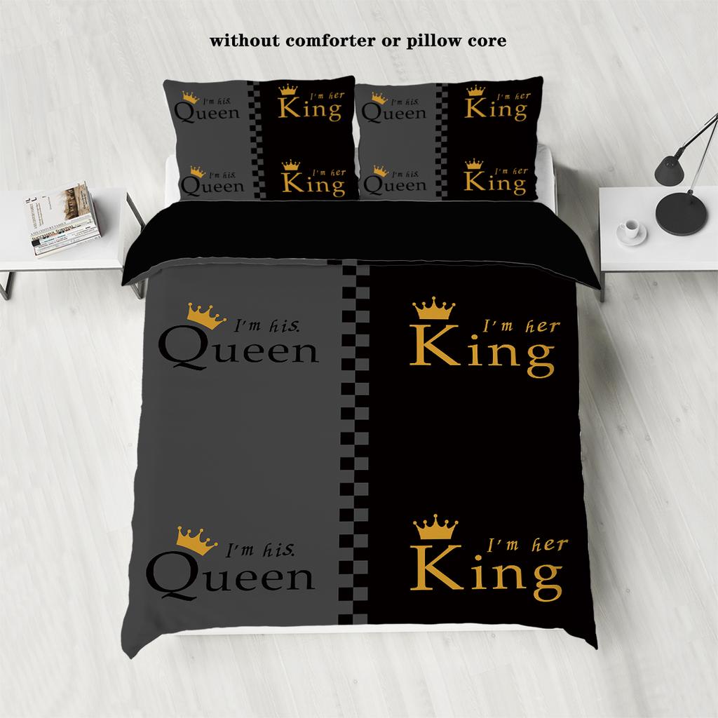 3pcs Fashionable Black Gray Crown Design Printed Bedding Set, Soft, Comfortable and Breathable Down Duvet Cover, Bedroom, Hotel