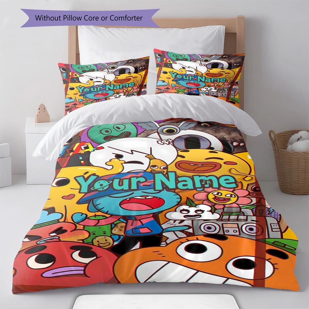 Cartoon Characters Collage Custom Name Pattern Bedding Quilt Set Quilt Cover Pillowcase Home Birthday Gift(1 * Duvet Cover + 2 * Pillowcase, Without C