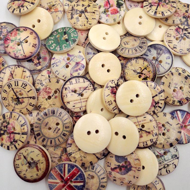 50Pcs Mixed DIY Retro Clock Wooden Scrapbooking Buttons Cartoon Sewingl Craft