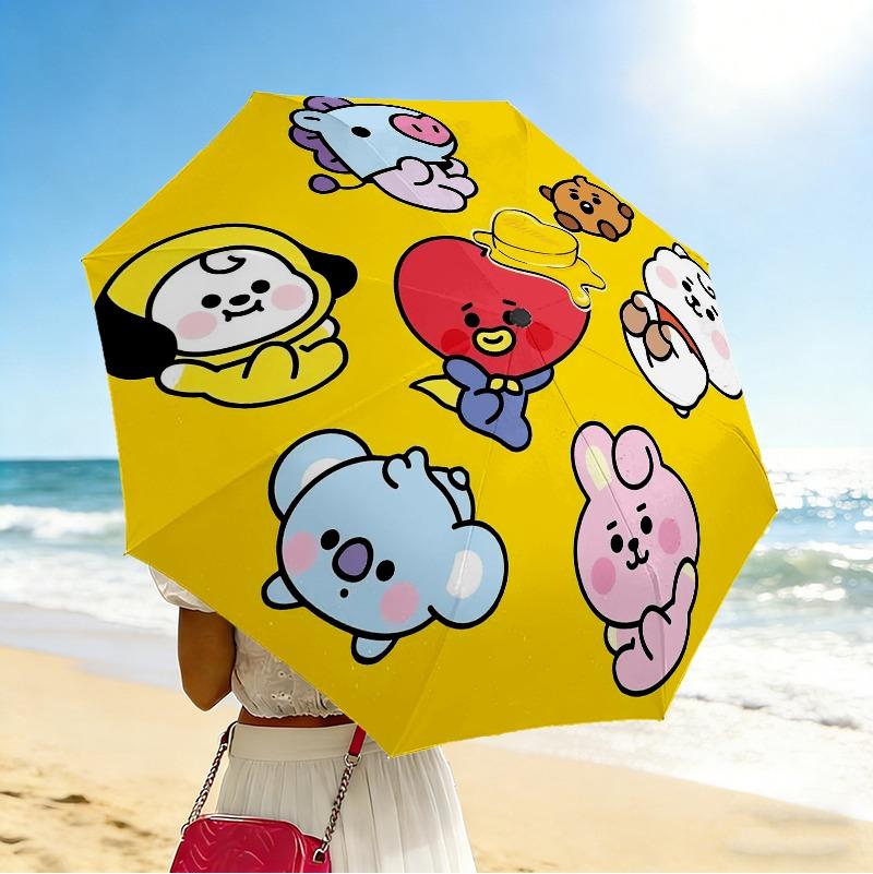 Bt21 Characters Portable 3 Folds Umbrella Portable Windproof Folding Rain Umbrella For Travel Outdoor Sun Protection Travel Outdoor Gift