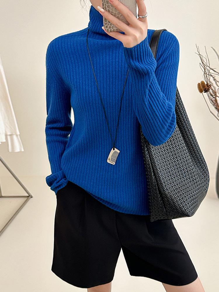 Ribbed High Neck Wool Sweater: Solid Color, Slim Fit, Long Sleeve, Korean Chic Style