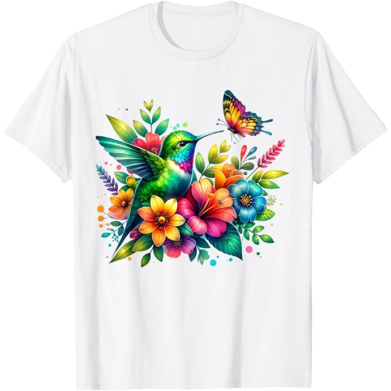 Floral Watercolor Hummingbird & Butterfly T-Shirt S