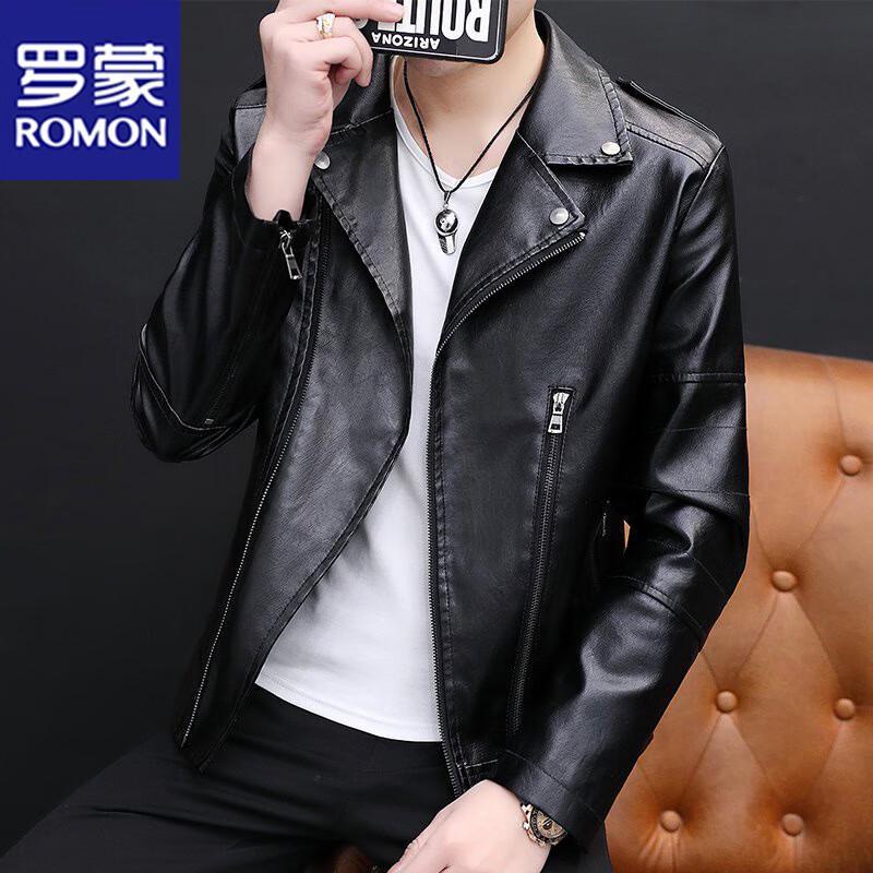 

Romon Men s Fashion Lapel PU Leather Jacket M